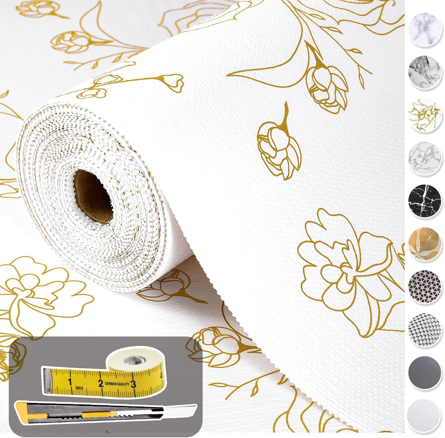 Shelf Liners for Kitchen Cabinets 12in x 20FT Non Adhesive Drawer Liner Gold Floral Thickened Shelf