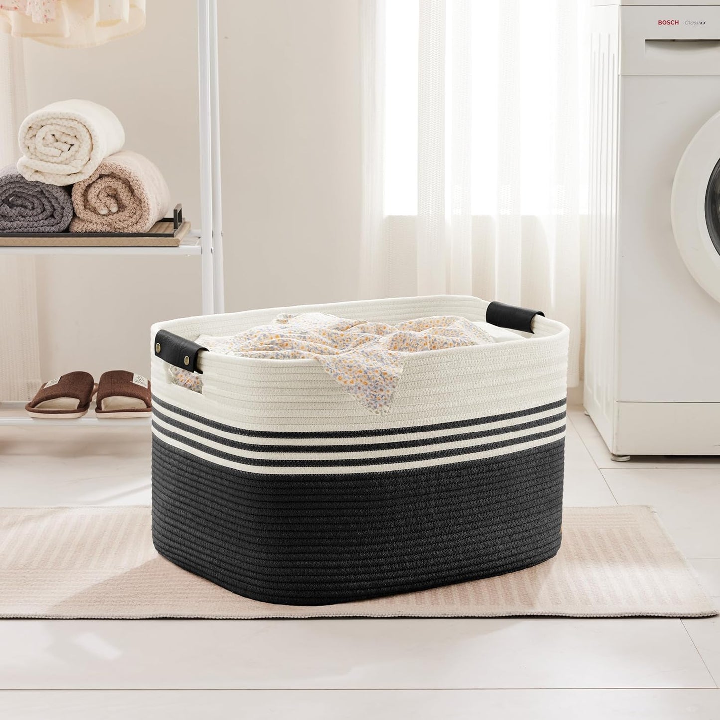 86L Extra Large Laundry Basket with Leather Handles for Living Room Storage, Woven Rope Baskets for