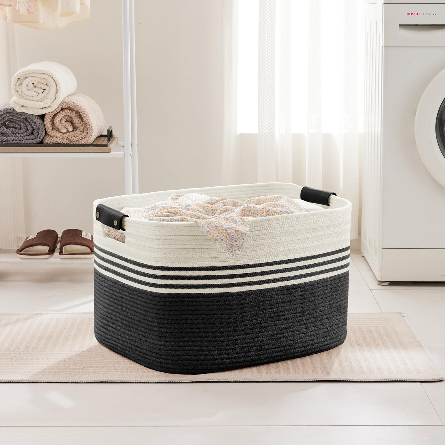 86L Extra Large Laundry Basket with Leather Handles for Living Room Storage, Woven Rope Baskets for