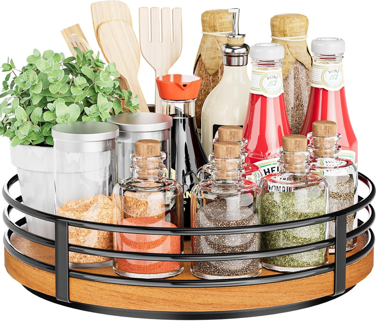 Wood Lazy Susan Turntable Organizer - 11" Round Wooden Lazy Susan for Cabinet Kitchen Countertop