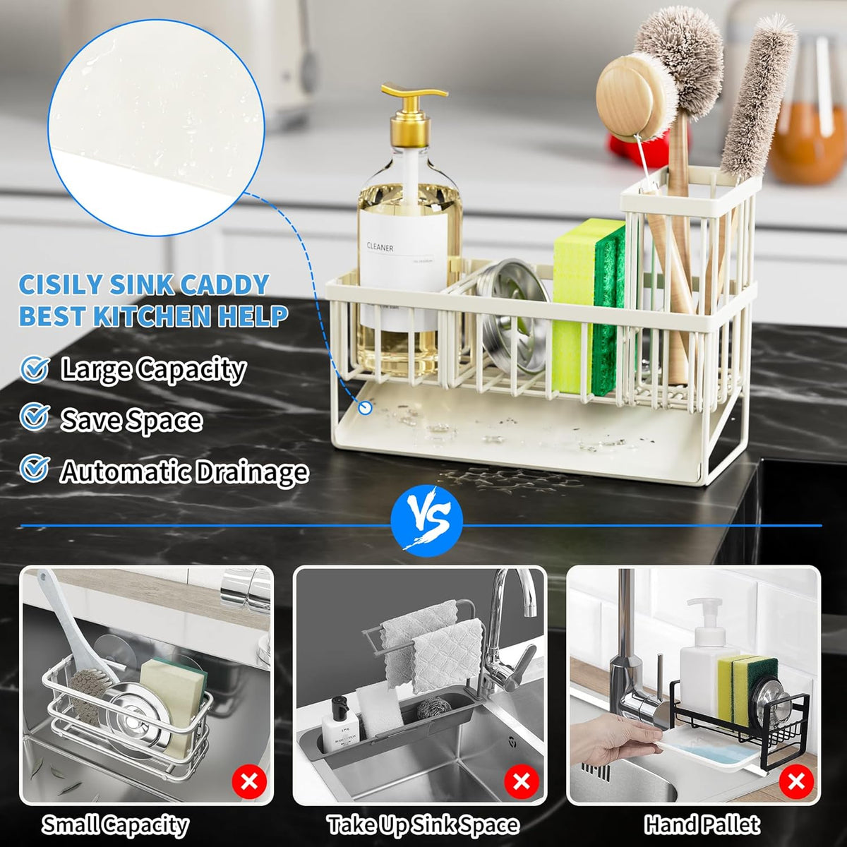 Cisily Off White Sponge Holder for Kitchen Sink, Sink Caddy Organizer with High Brush Holder