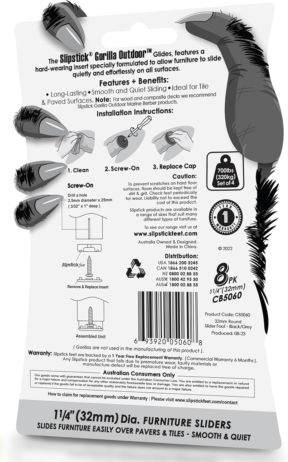 Gorilla Outdoor 1-1/4 Inch Furniture Sliders/Chair Glide Floor Protectors (Set of 8) Screw-On Nylon