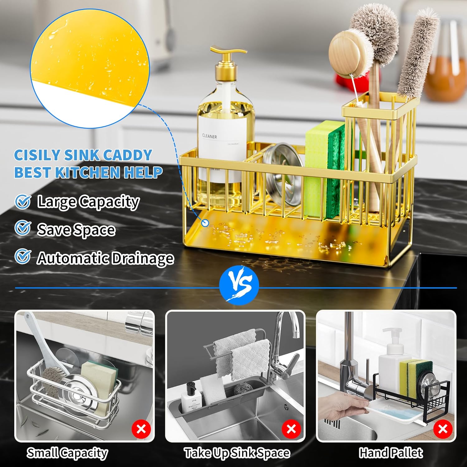 Cisily Gold Kitchen Sink Caddy Organzier with High Brush Holder, Sponge Holder for Sink, 304
