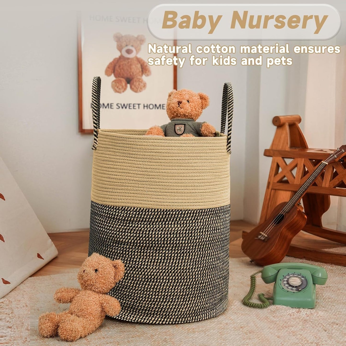 Large Woven Laundry Basket Hamper,60L Cotton Rope Storage Bin for Blankets,Toys and