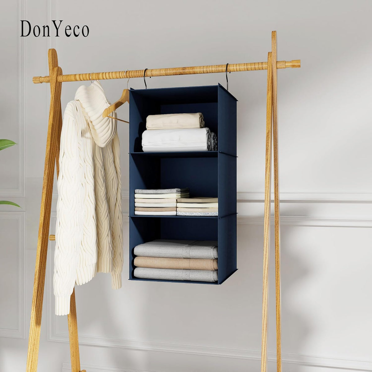 Hanging Closet Organizer - 3-Shelf, Easy Mount Foldable Wardrobe Storage Shelves for Clothes
