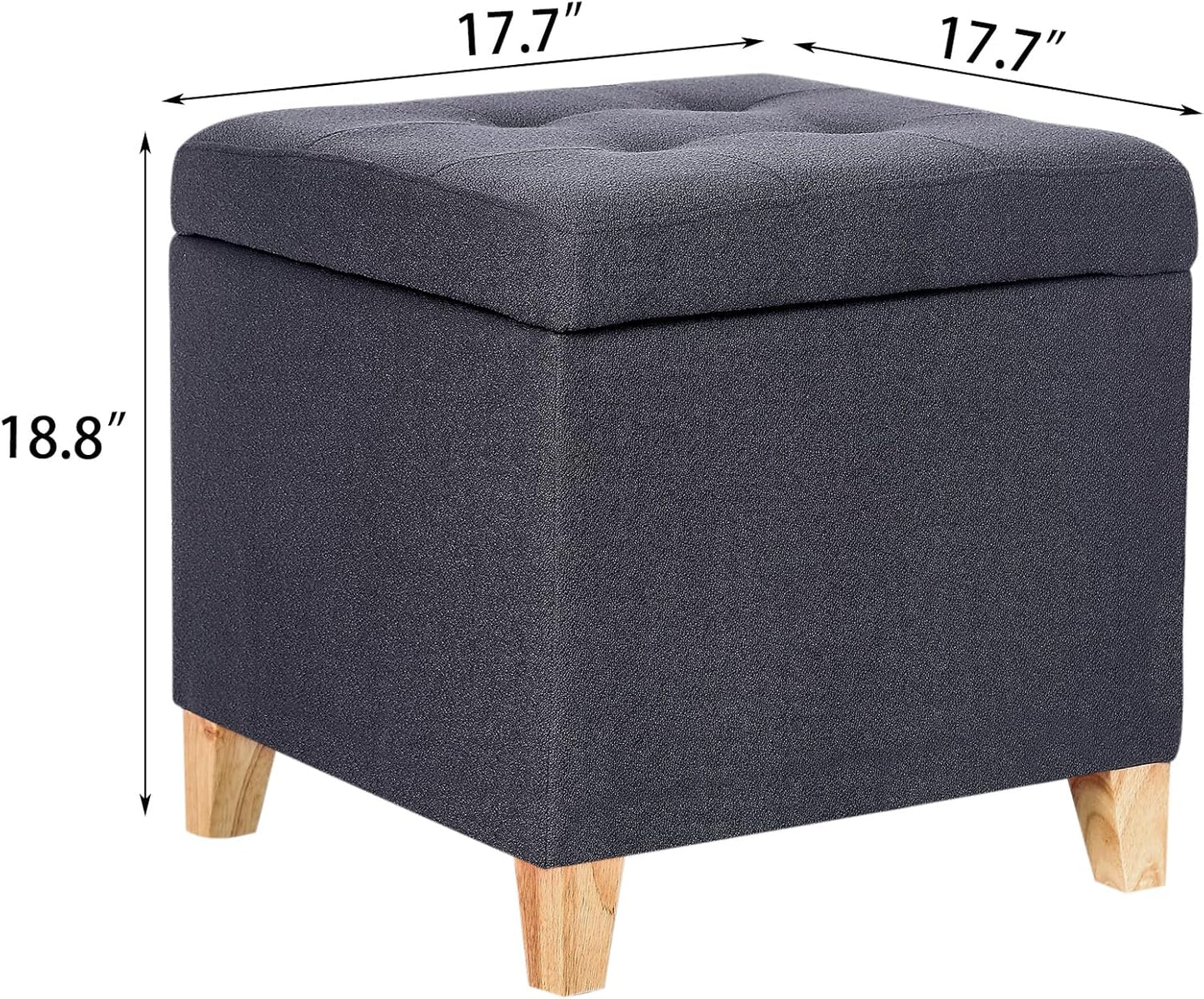 Adeco Fabric Storage Ottoman Bench with Solid Wood Legs, 17.7" Square Dark Grey Cotton Linen Cube