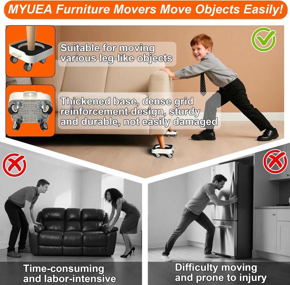 MUEA Furniture Dolly,Heavy-Duty Furniture Movers with Removable Center Pad,Non-Slip L-Edge & TPR
