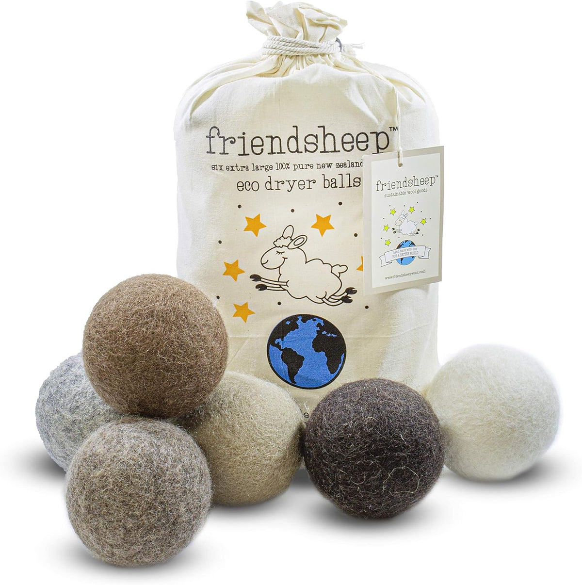 Friendsheep Wool Dryer Balls 6 Pack XL Organic Premium Reusable Cruelty Free Handmade Fair Trade No