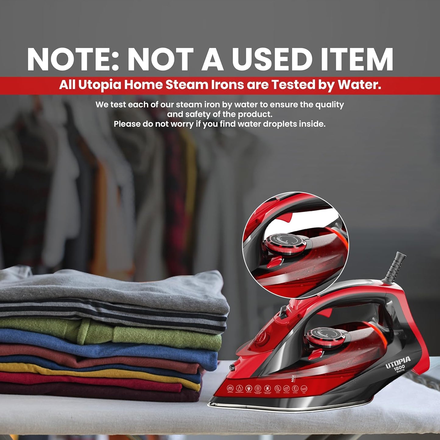 Utopia Home Steam Iron for Clothes - Non-Stick Soleplate - 1800W Clothes Iron With Auto-Off Safety
