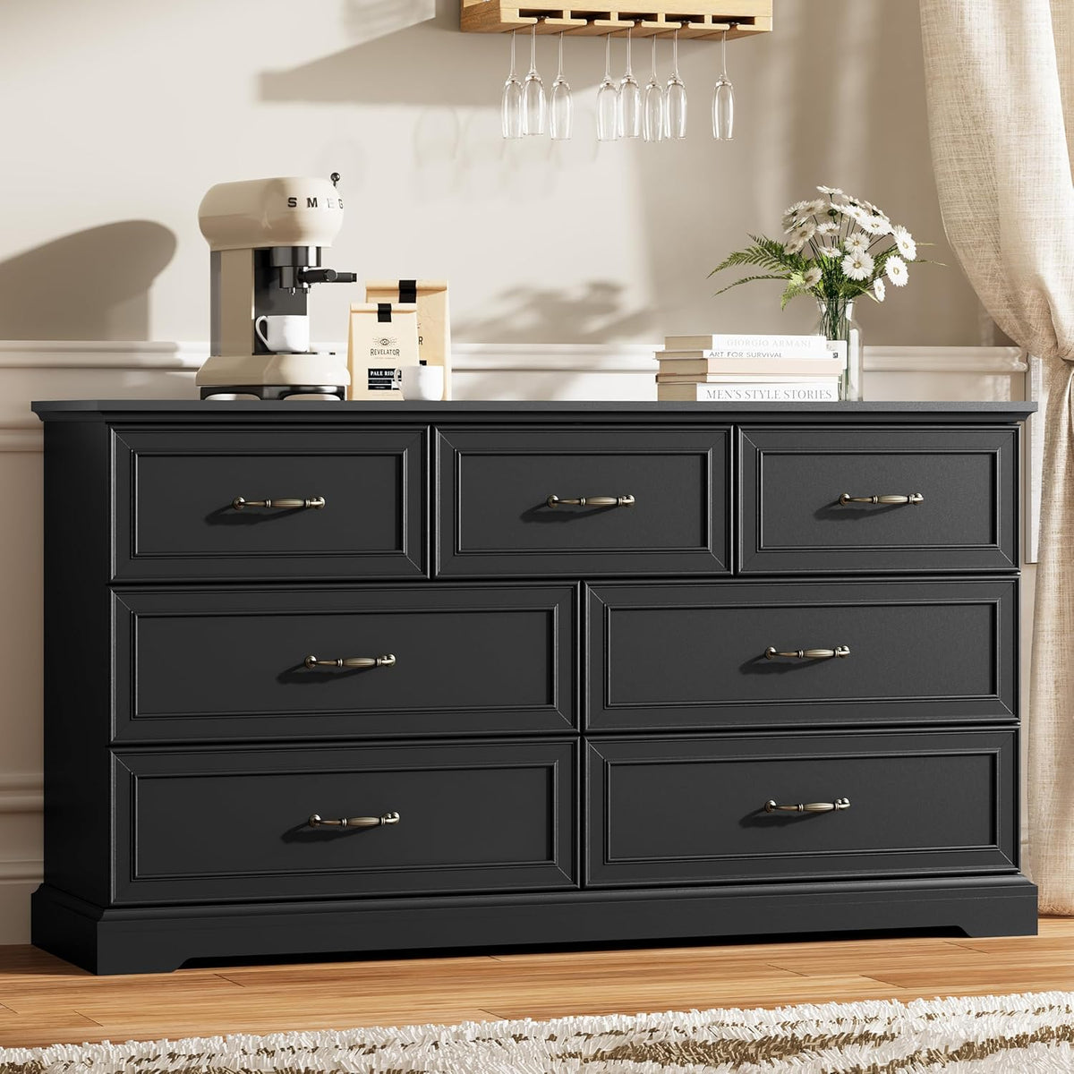 7 Drawer Dresser for Bedroom, 57" Wide Wooden Chest of Drawers, Rustic Farmhouse Dresser with Large