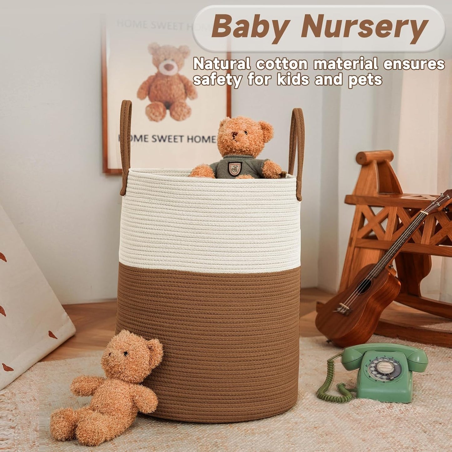 Large Woven Laundry Basket Hamper,80L Cotton Rope Storage Bin for Blankets,Toys and