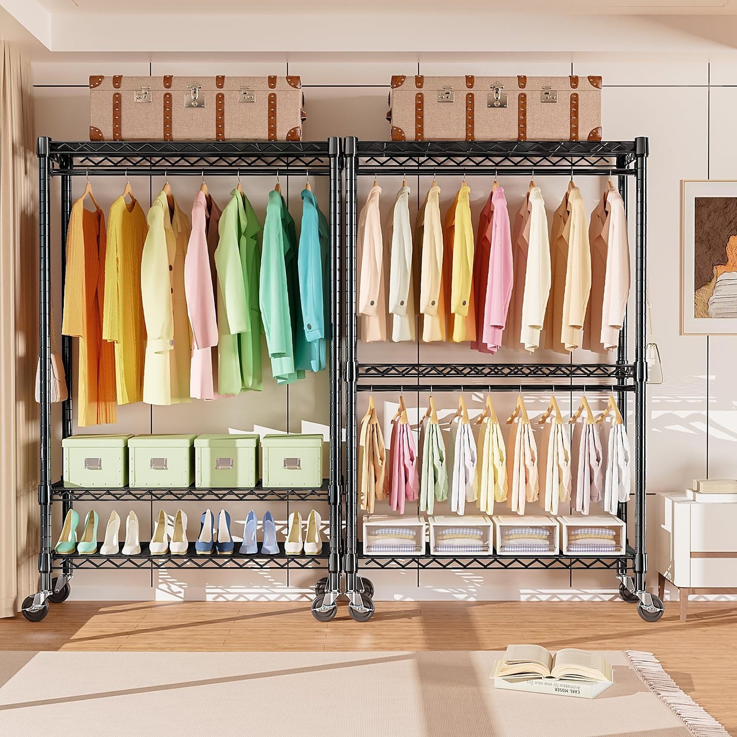 Heavy Duty Rolling Garment Rack 3 Tiers Adjustable Wire Shelving Clothes Rack with Rods and Side