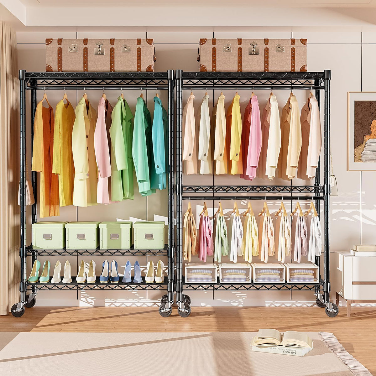 Heavy Duty Rolling Garment Rack 3 Tiers Adjustable Wire Shelving Clothes Rack with Rods and Side