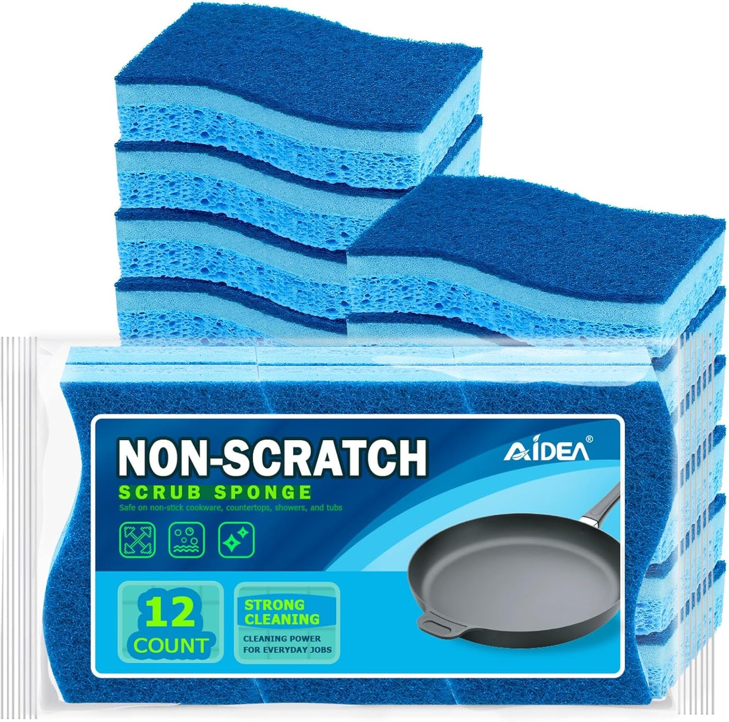 AIDEA Sponges Kitchen, Non-Scratch Scrub Sponge, 12Count, Sponges for Non-Stick Cookware, Kitchen