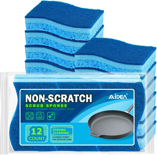AIDEA Sponges Kitchen, Non-Scratch Scrub Sponge, 12Count, Sponges for Non-Stick Cookware, Kitchen