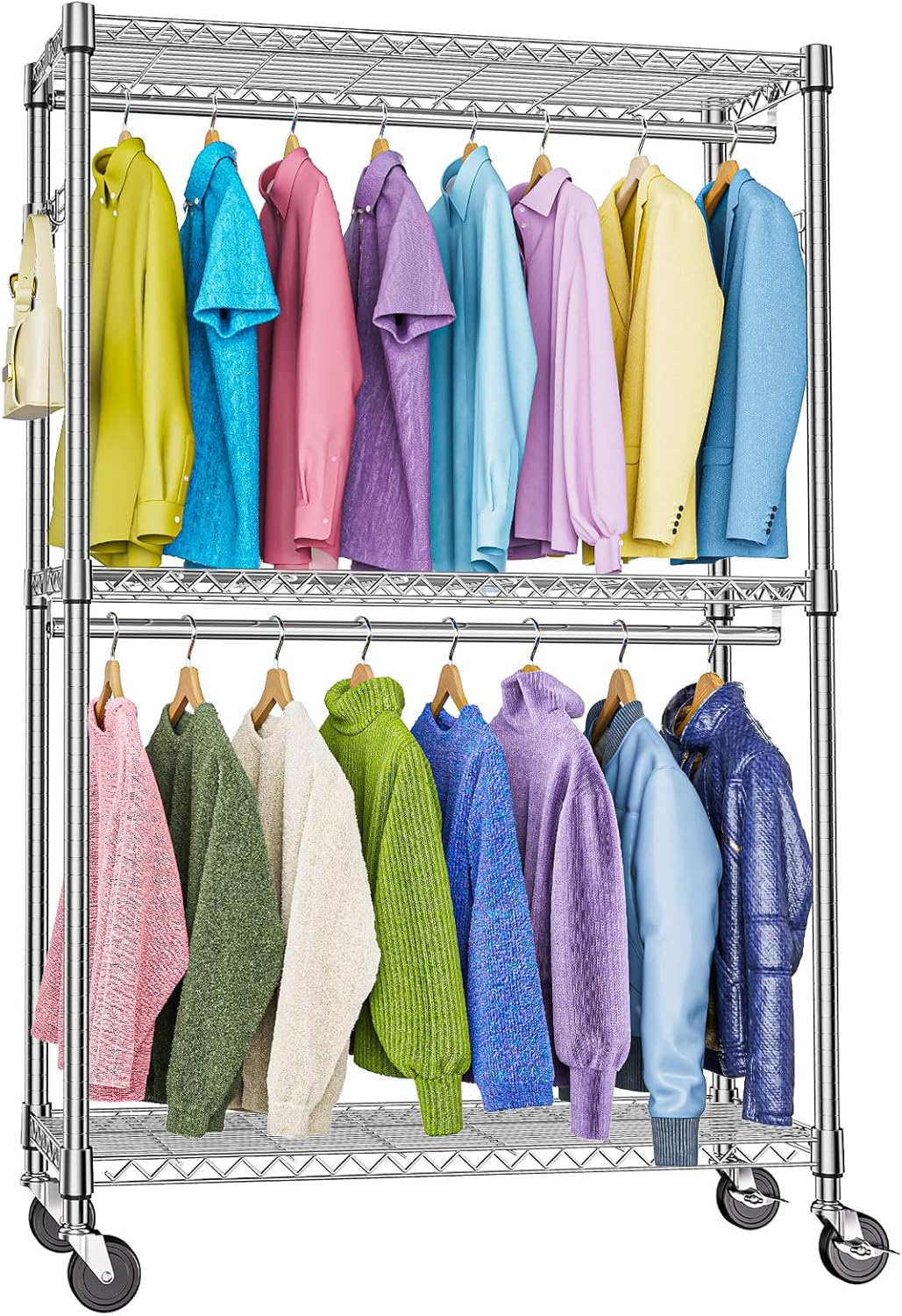 Heavy Duty Rolling Garment Rack 3 Tiers Adjustable Wire Shelving Clothes Rack with 2 Rods and Side