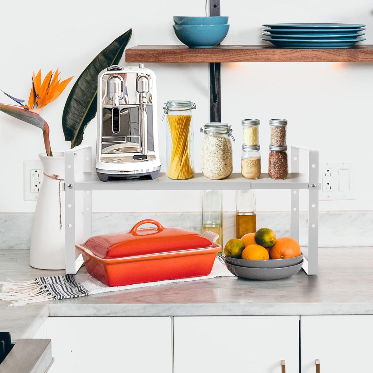 Expandable Cabinet Shelf Organizer Rack, Stackable Kitchen Counter Storage Shelves Stand