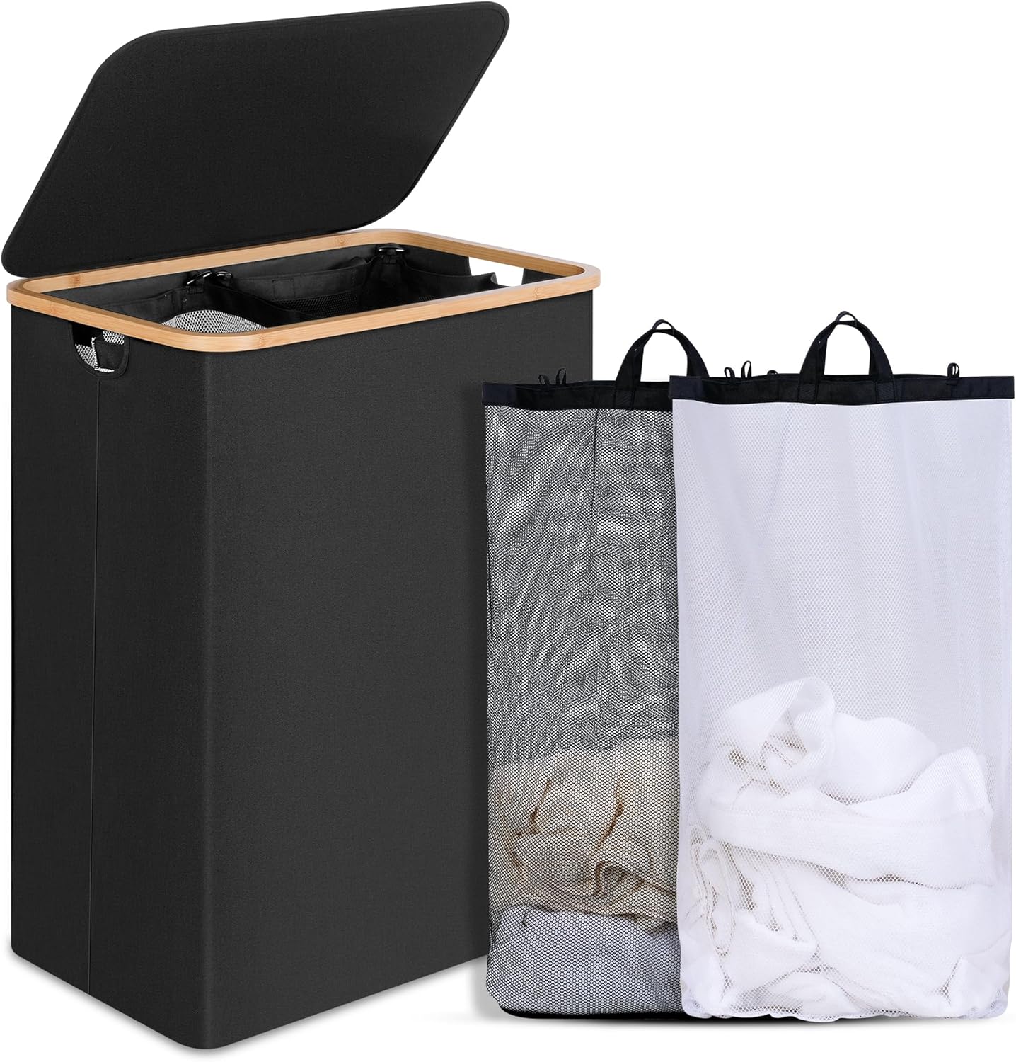 efluky Double Laundry Hamper with Lid, Divided Laundry Hamper with Removable Bags, 2 Section Dirty