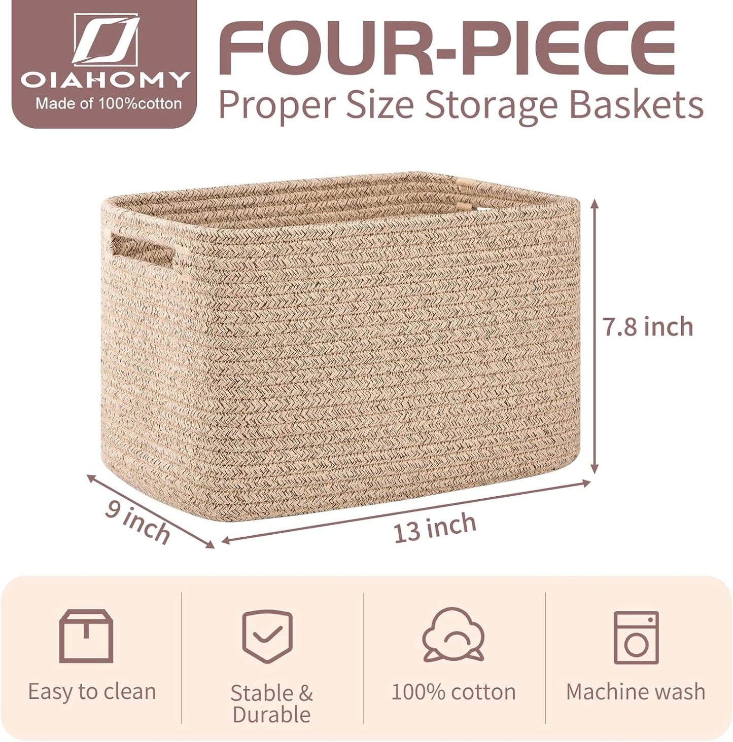 OIAHOMY 4 Pack Storage Baskets for Organizing, Cube Storage Bins for Shelves, Rectangle Storage