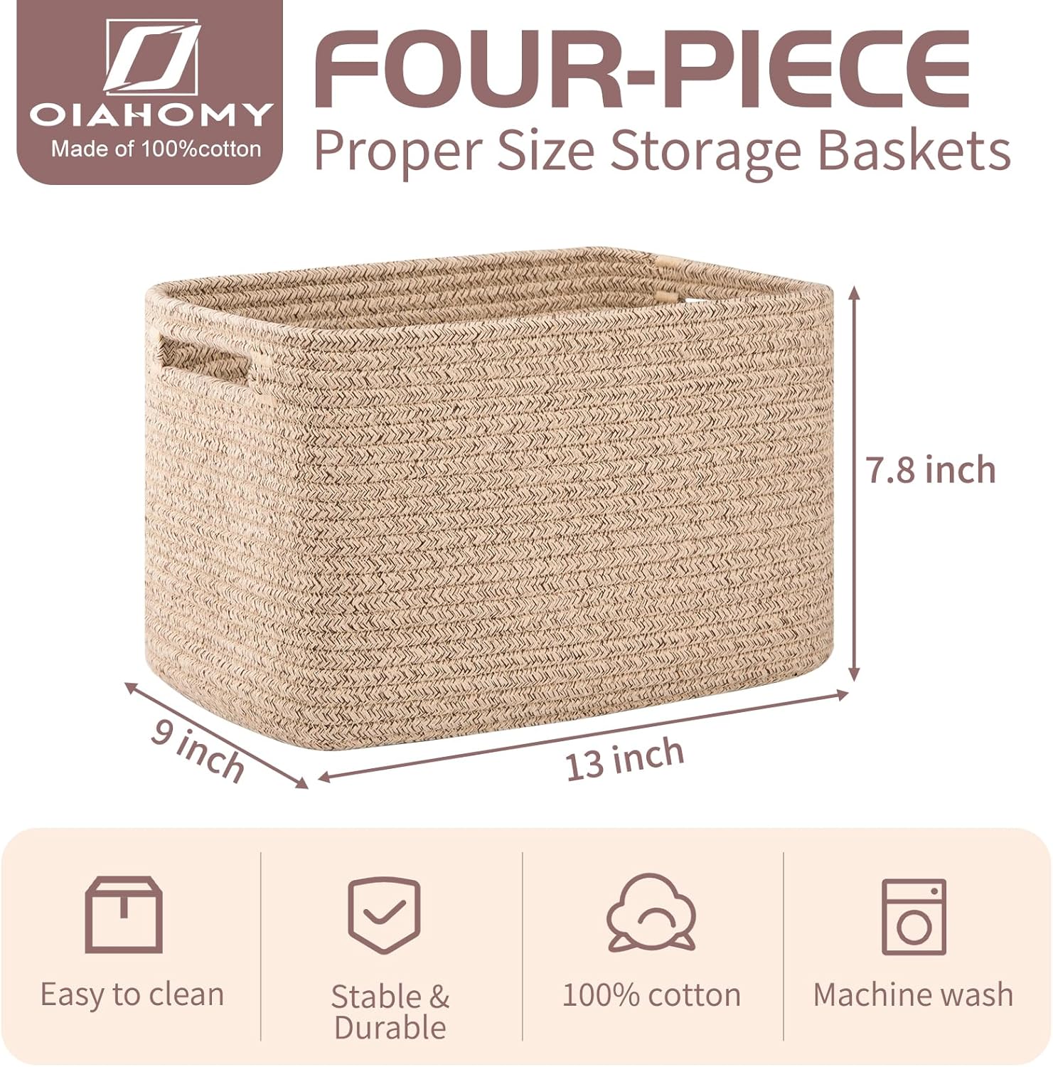 OIAHOMY 4 Pack Storage Baskets for Organizing, Cube Storage Bins for Shelves, Rectangle Storage