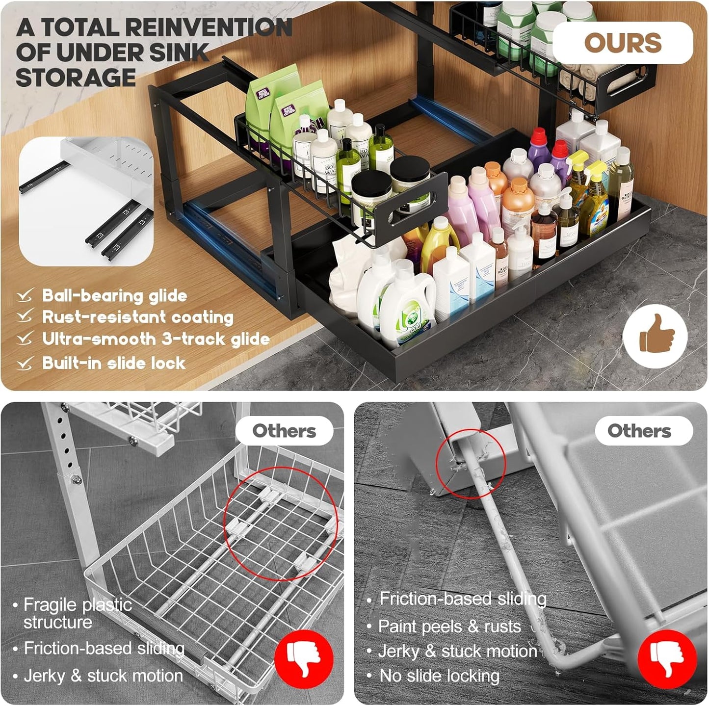 1 Pack Expandable Under Sink Organizers And Storage With Upgrade Ball-Bearing Slide Tracks,2-Tier