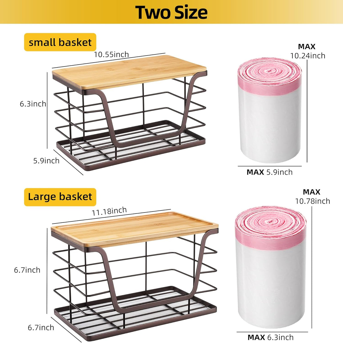 ALOCEO 2 Pack Large Pantry Baskets with Bamboo Lip, Stainless Steel Garbage Bag Holder Dispenser