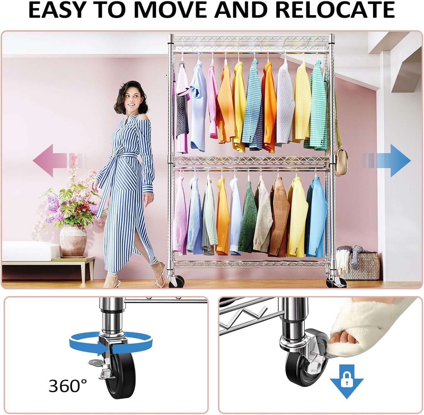 IZEUK 3-Tier Heavy Duty Rolling Garment Rack, Chrome Metal Freestanding Closet Wardrobe Rack with