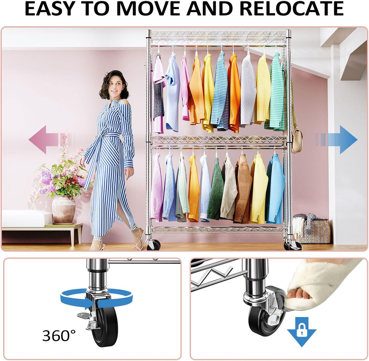 IZEUK 3-Tier Heavy Duty Rolling Garment Rack, Chrome Metal Freestanding Closet Wardrobe Rack with