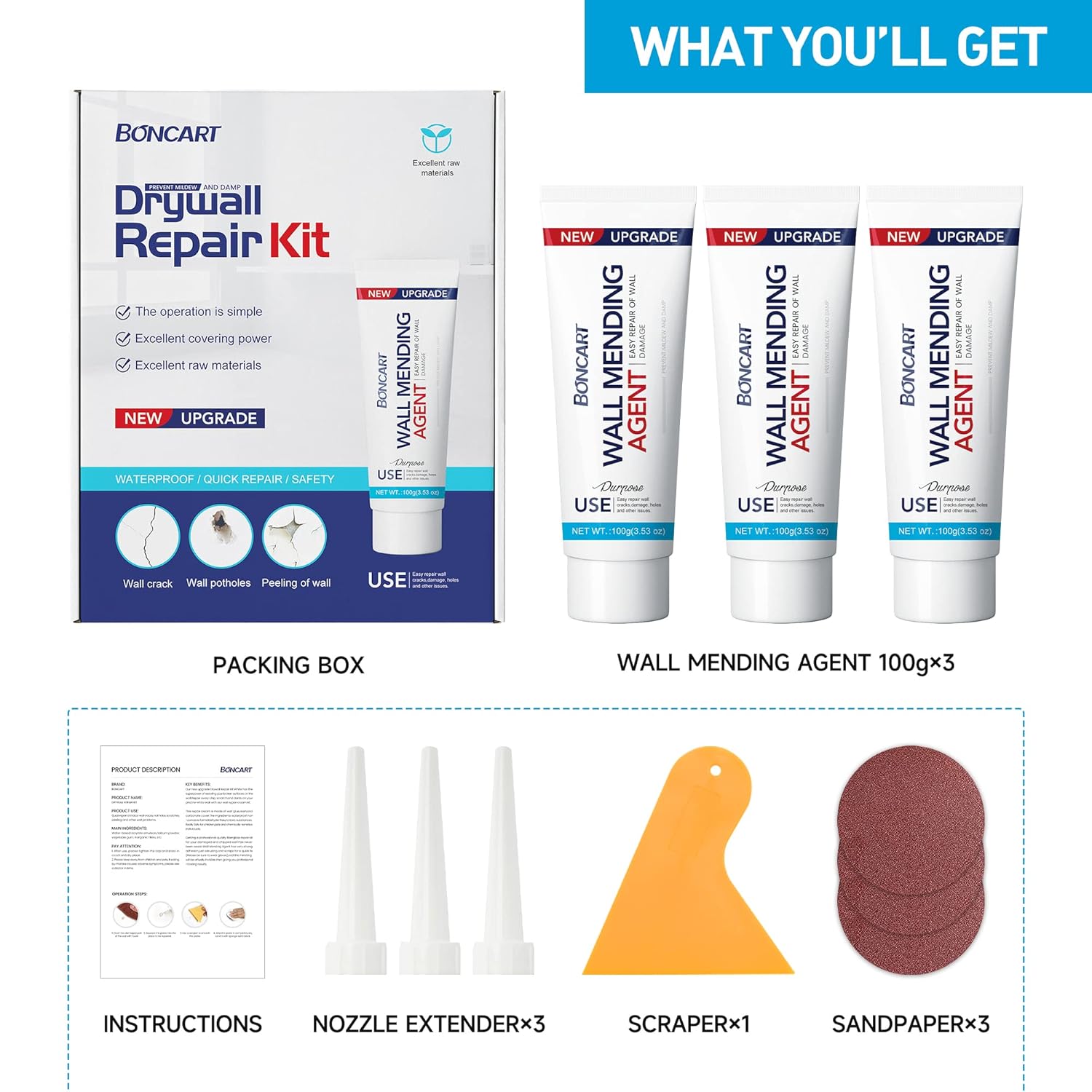 Drywall Repair Kit, Spackle Wall Repair Kit, 3 Pack Wall Mending Agent Putty, Wall Repair Paste