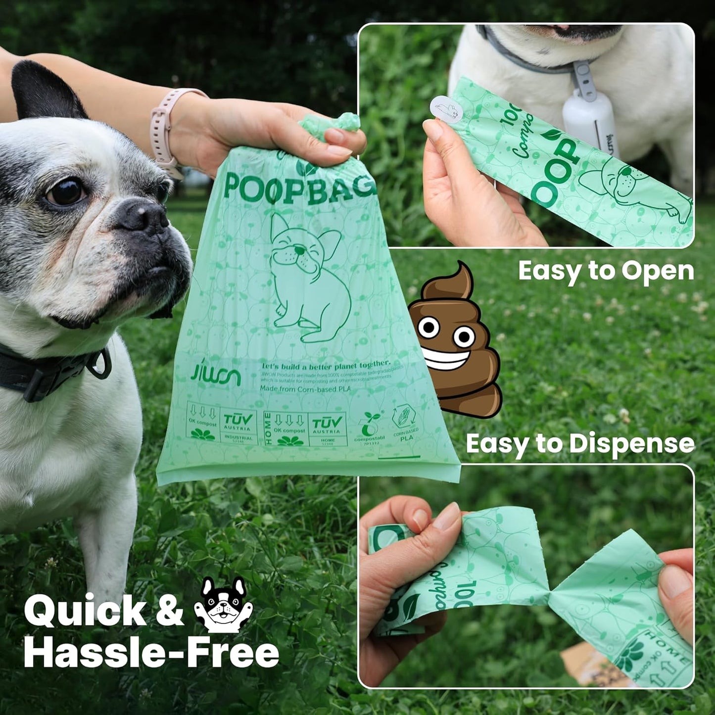 JIWON 100% Certified Home Compostable Dog Poop Bags, 240 Count (16 Rolls), 9"x13", OK Compost &