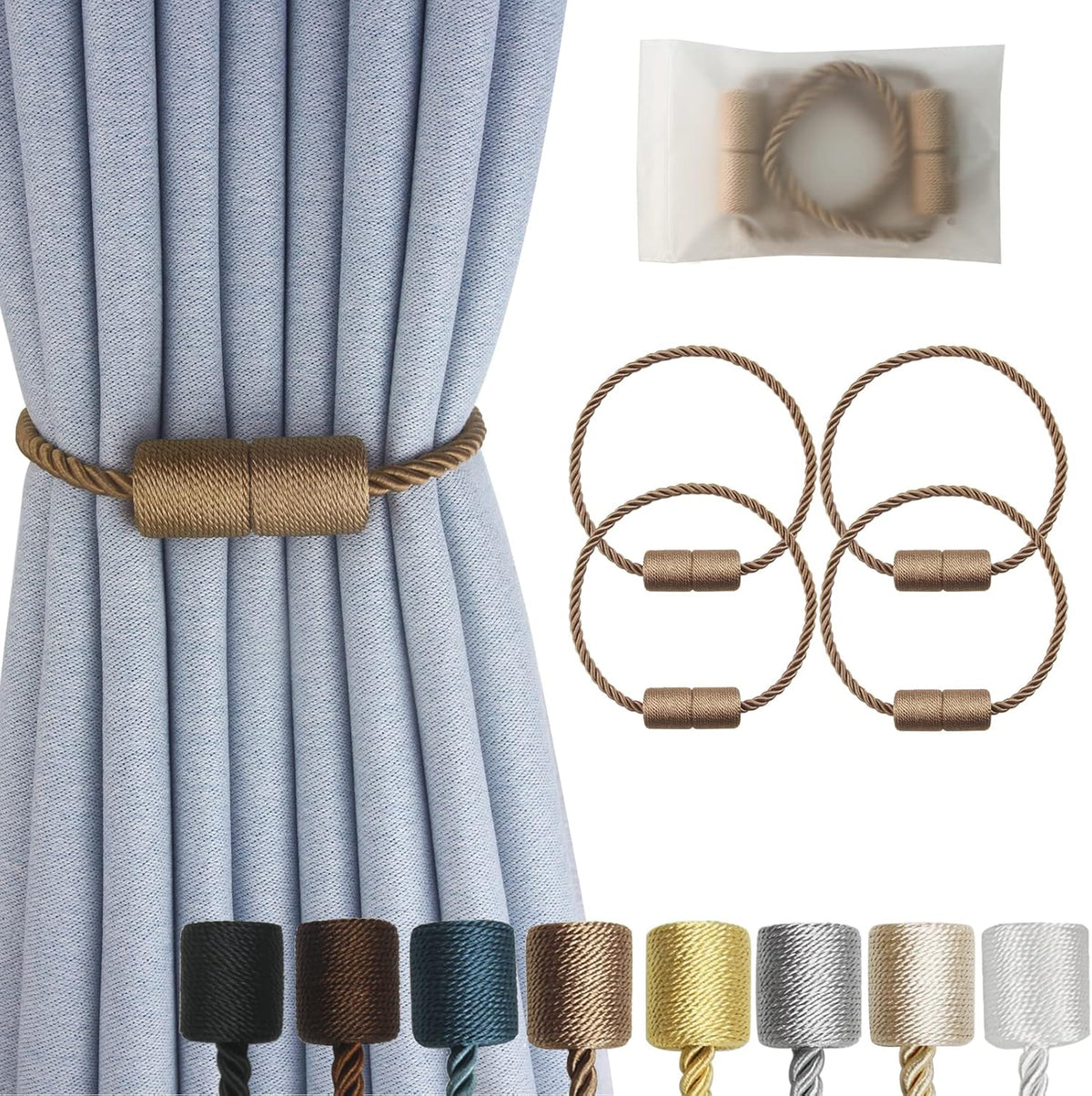 Magnetic Curtain Tiebacks 4 Pack Khaki Curtain Rope Tieback Curtain Holders for Drapes Modern Tie
