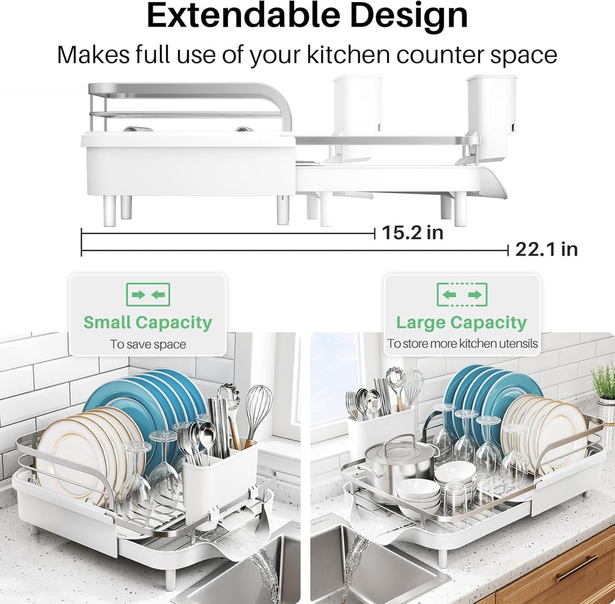 Dish Drying Rack, Expandable Dish Rack for Kitchen Counter, Stainless Steel Dish Drainer with
