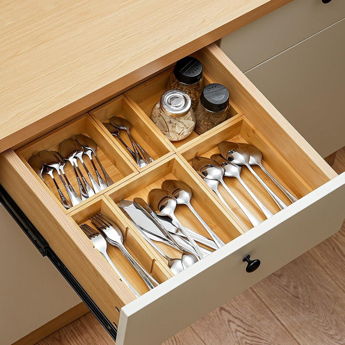 Fabsome Drawer Organizer, Set of 9 Bamboo Wood Kitchen Makeup Desk Junk Tea Drawer Storage Boxes