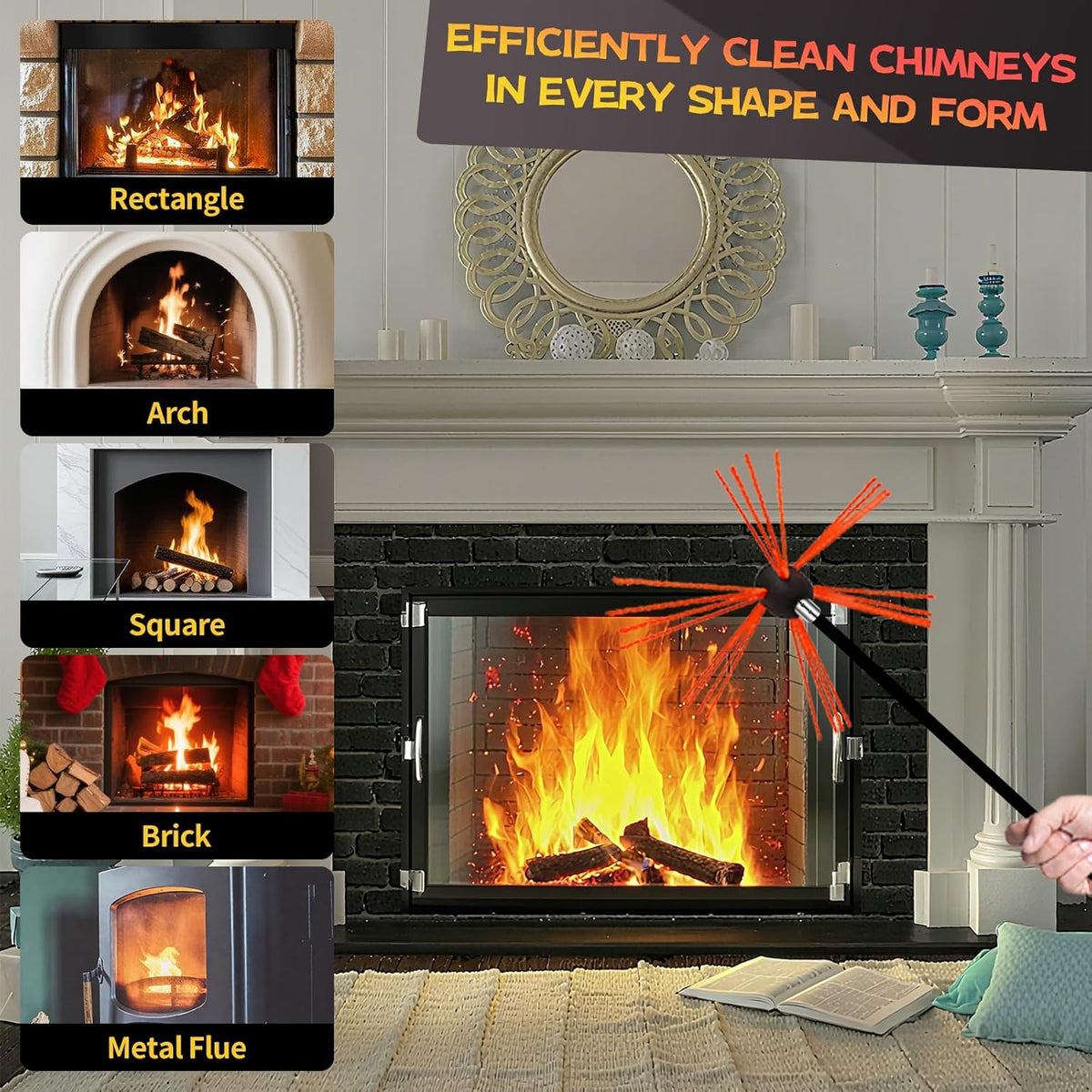 26 Feet Chimney Sweep Kit, Chimney Cleaning Kit with 8 Flexible Black Chimney Rods, Chimney Brush