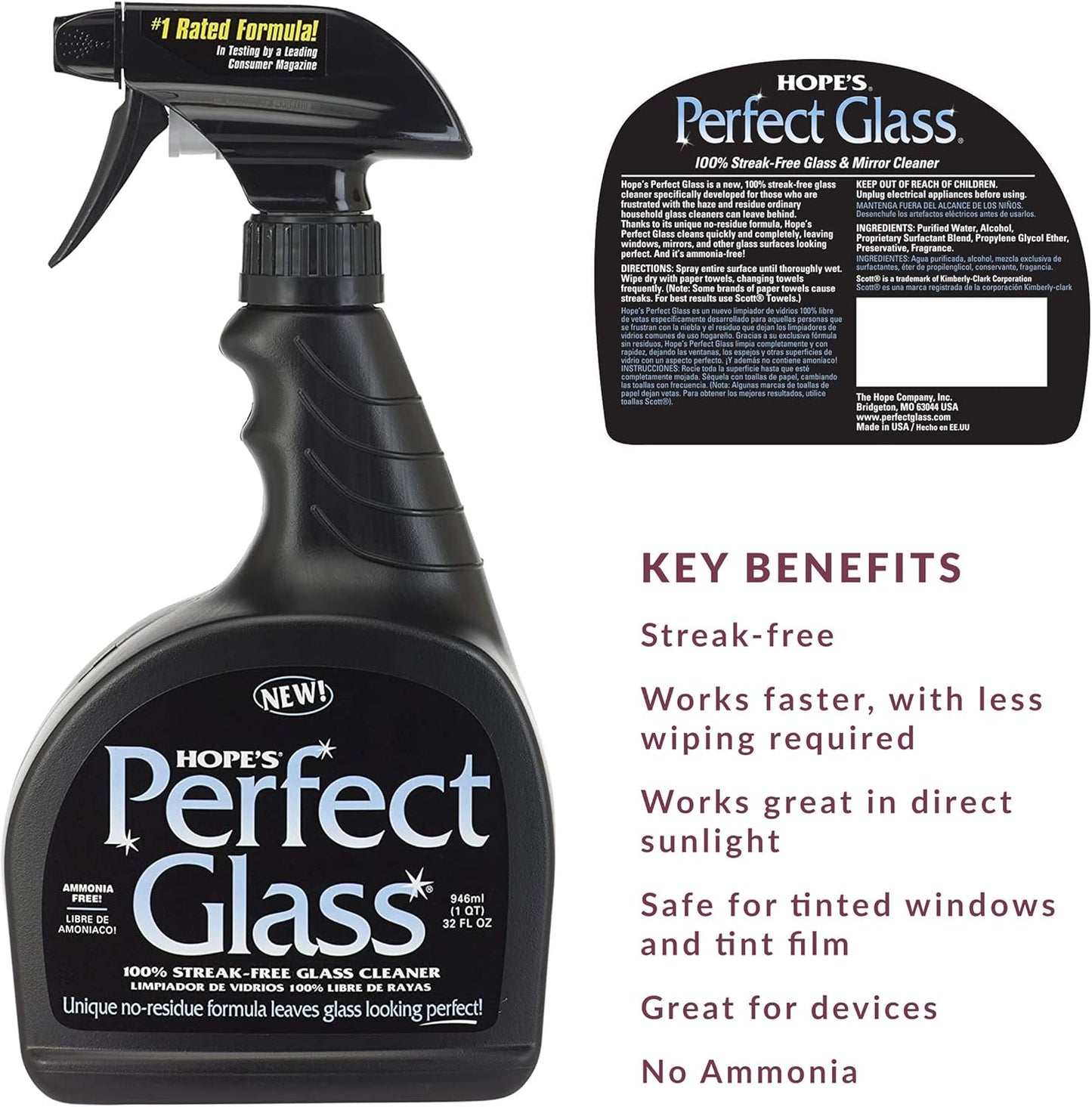 HOPE'S Perfect Glass Cleaner, Streak-Free, Ammonia-Free Window, Mirror, Screen, and Shower Door
