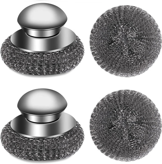 4pcs Steel Wool Scrubber with Replacement Wire Sponge Pads Set, Stainless Steel Scrubber with