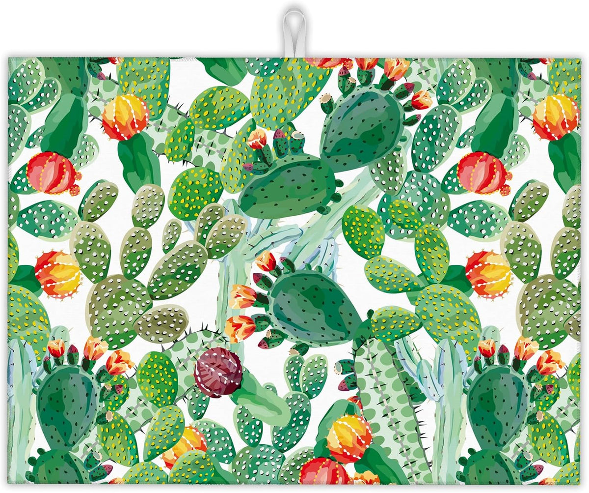 Green Cactus Dish Drying Mat, Tropical Plant Drying Rack Pad Countertop Dishes Ultra Absorbent