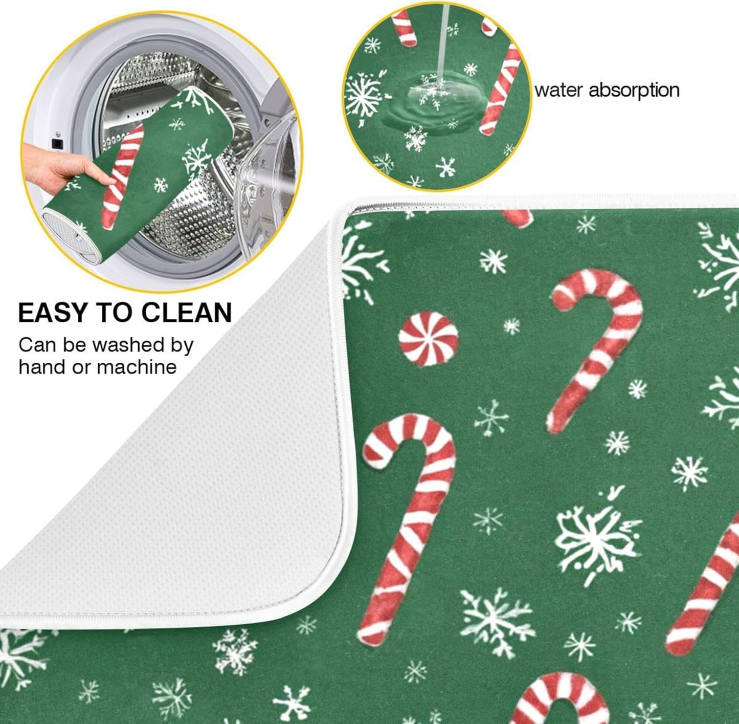 Christmas Candy Cane Dish Drying Mat for Kitchen Countertop 16x18 Winter Snowflake Green Xmas Small