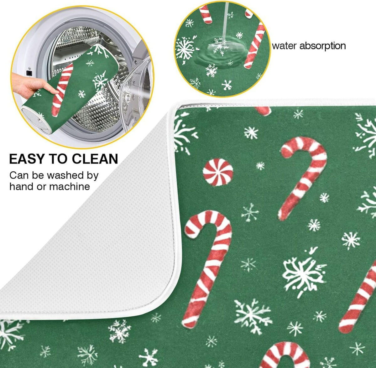 Christmas Candy Cane Dish Drying Mat for Kitchen Countertop 18x24 Winter Snowflake Green Xmas Large