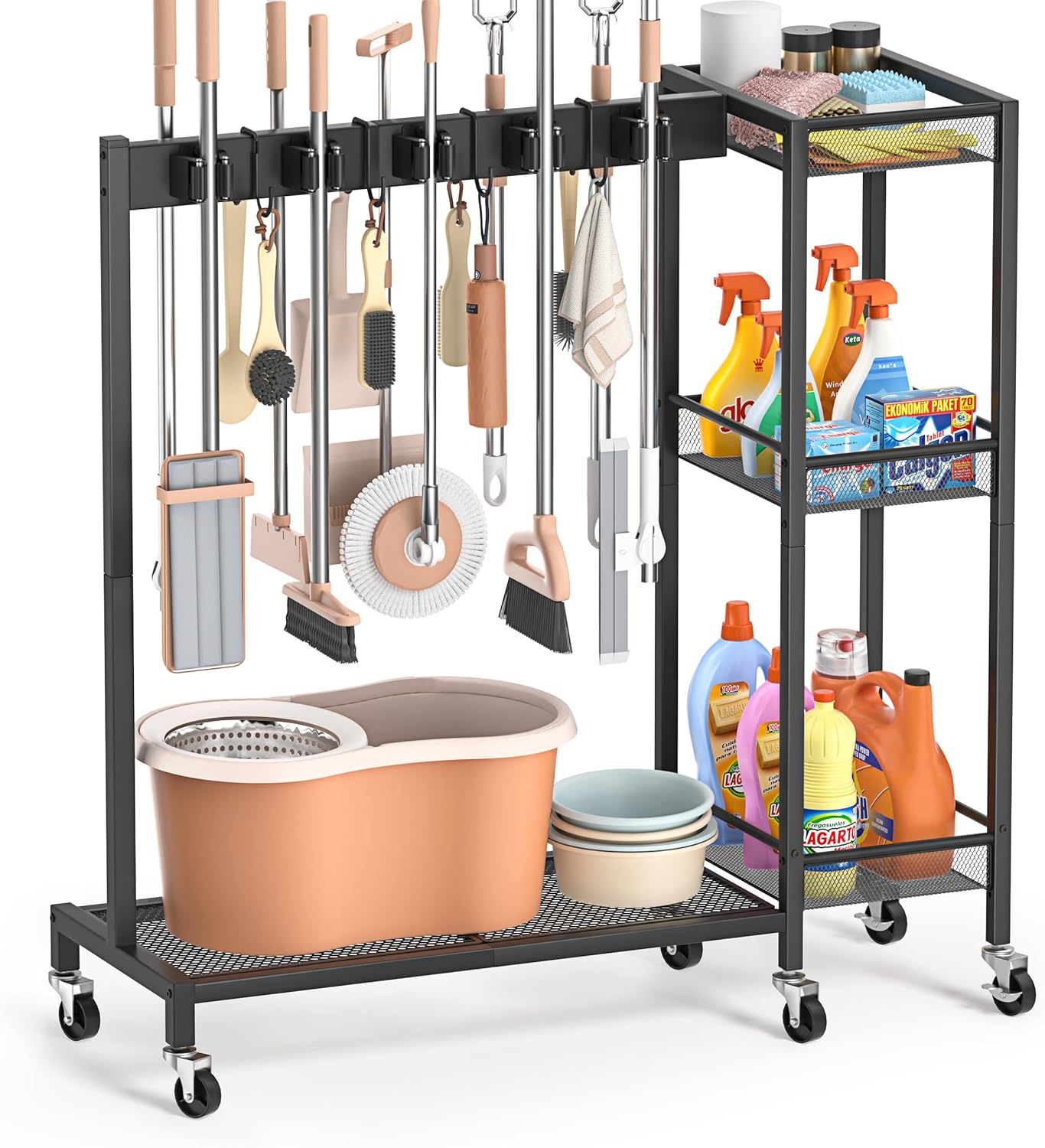 Broom Holder with Cleaning Supplies Organizer, Broom Closet Storage Cabinet with Cleaning Caddy