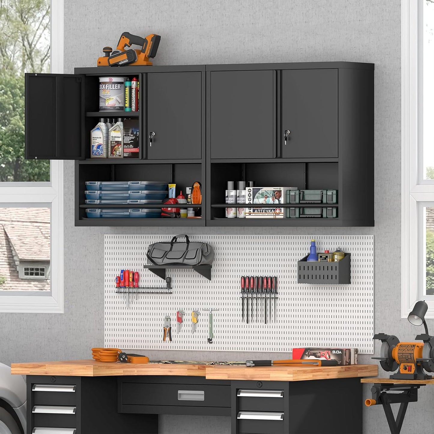 Locking Cabinet, Black Wall Storage Cabinet with Shelves, Hanging Cabinets with Open Storage, Small