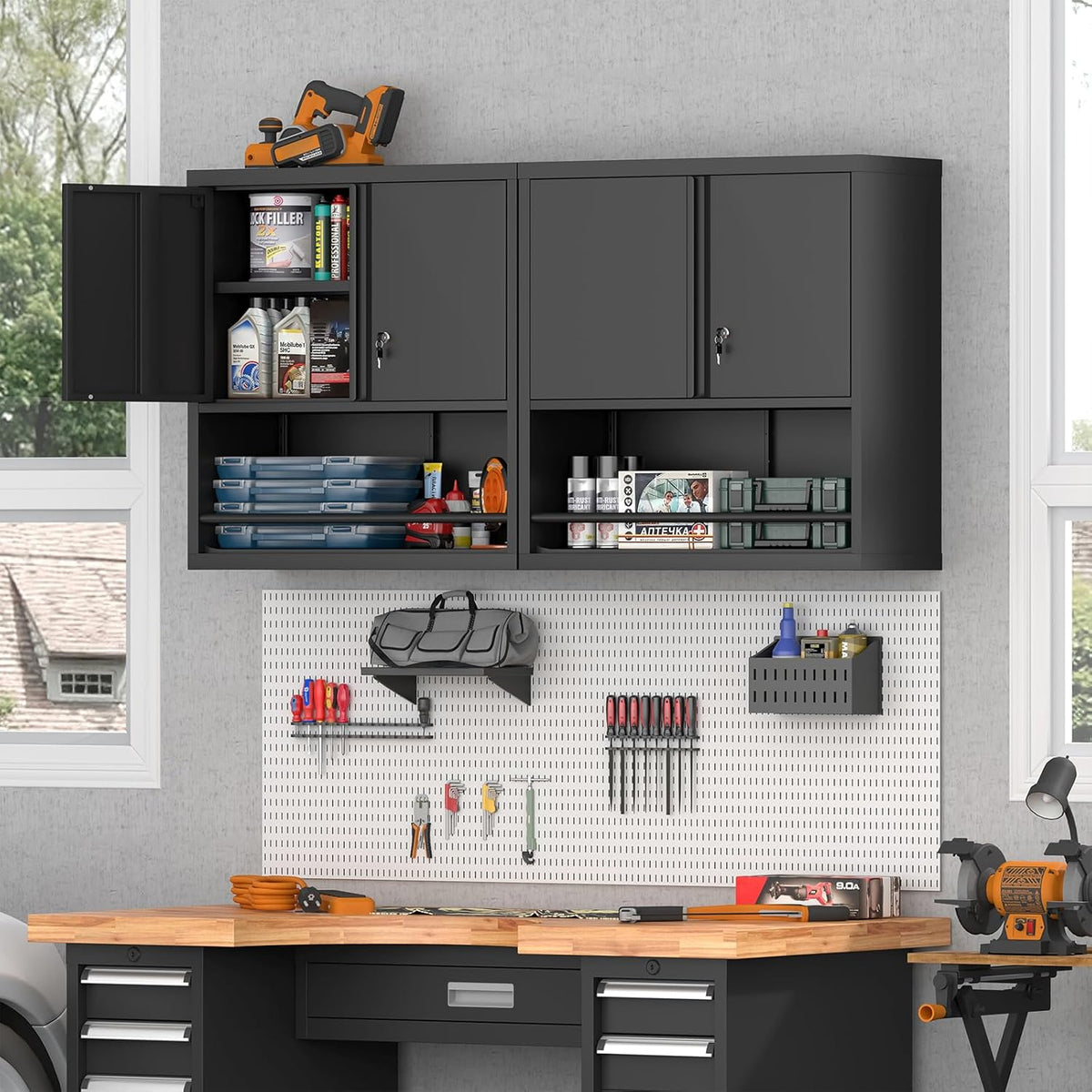 Locking Cabinet, Black Wall Storage Cabinet with Shelves, Hanging Cabinets with Open Storage, Small