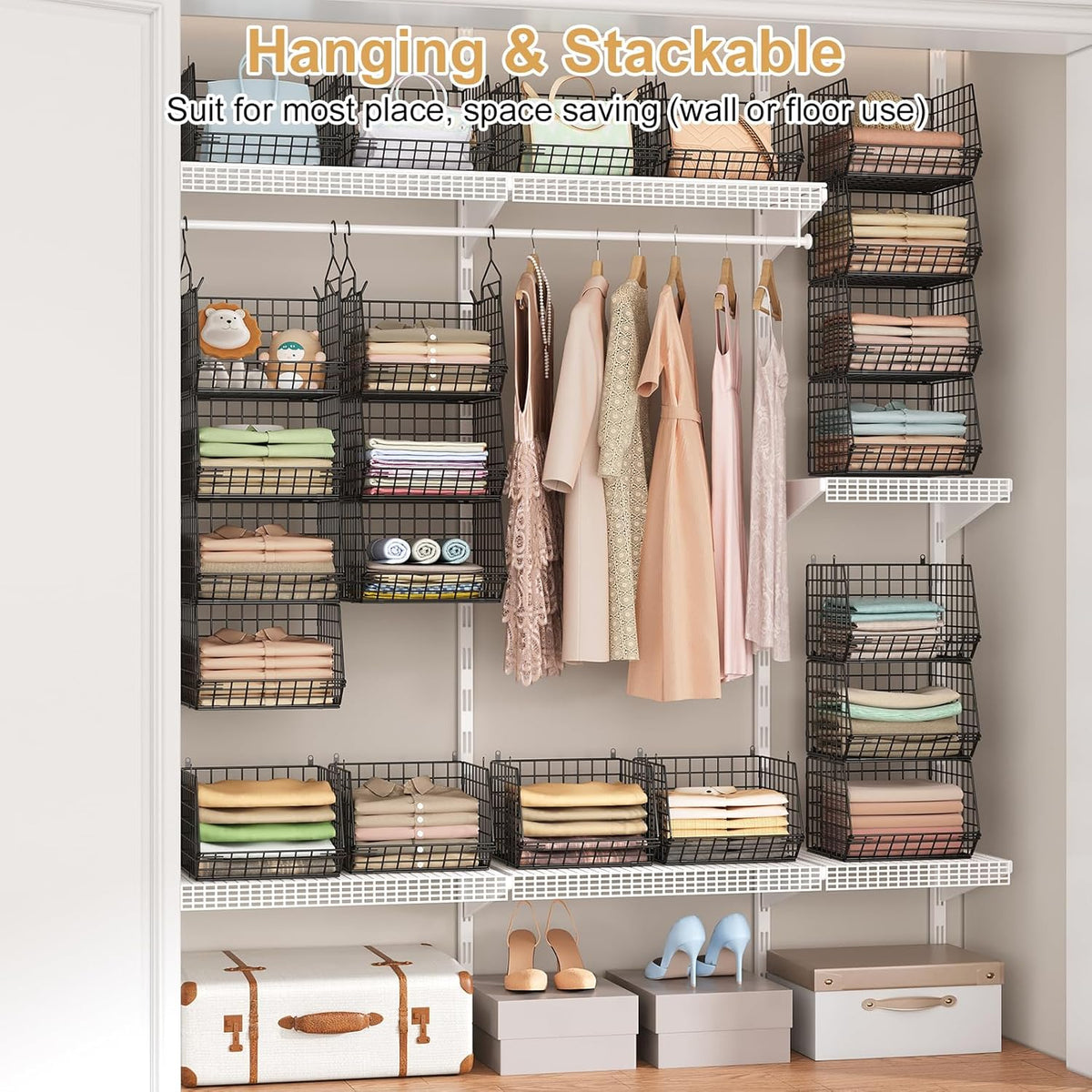 6 Tier Closet Hanging Organizer, Clothes Hanging Shelves with 4 Hanging Hooks 5 S Hooks, Wire