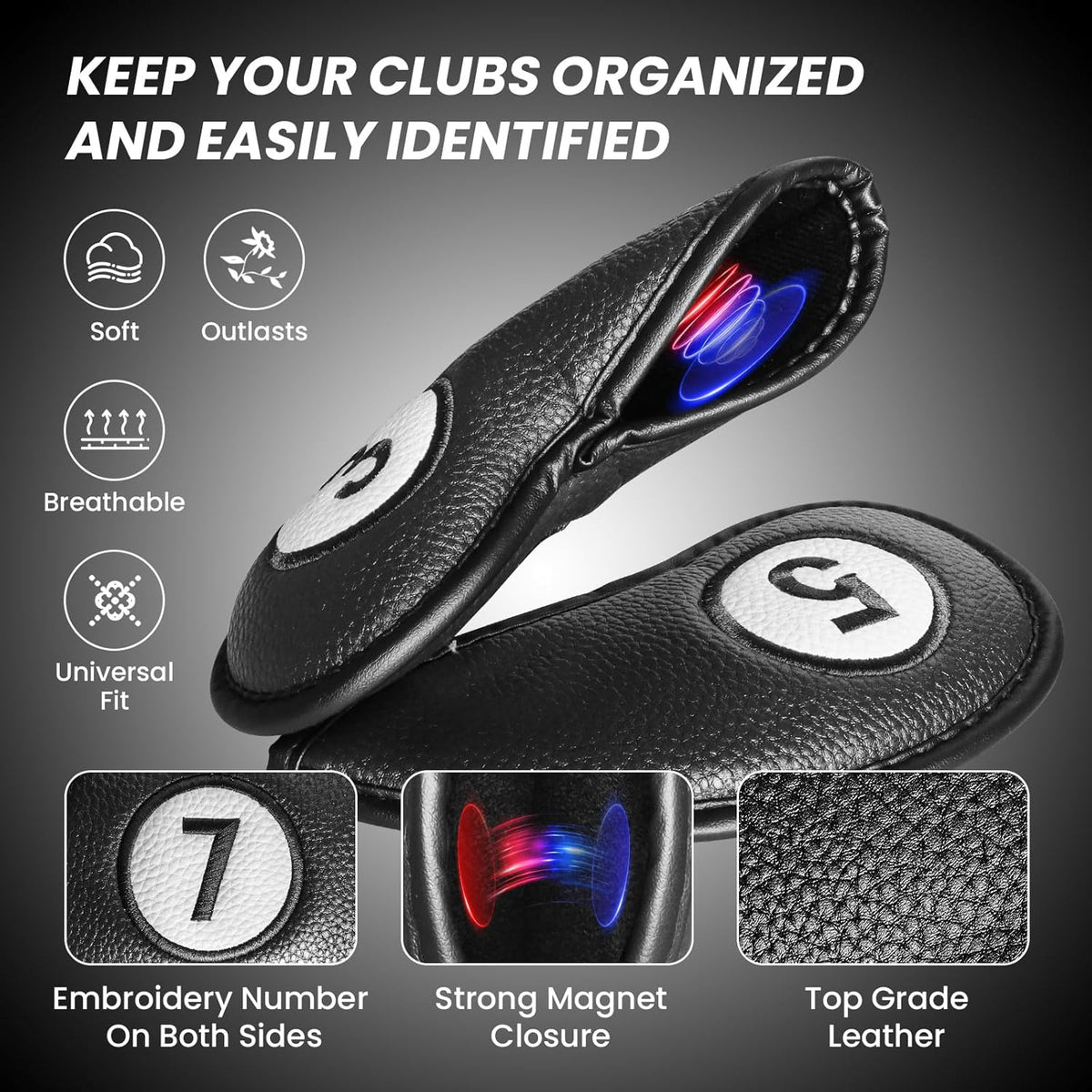 FINGER TEN Golf Club Covers for Irons Magnetic Value 11 Pack, Synthetic Leather Deluxe Head Cover