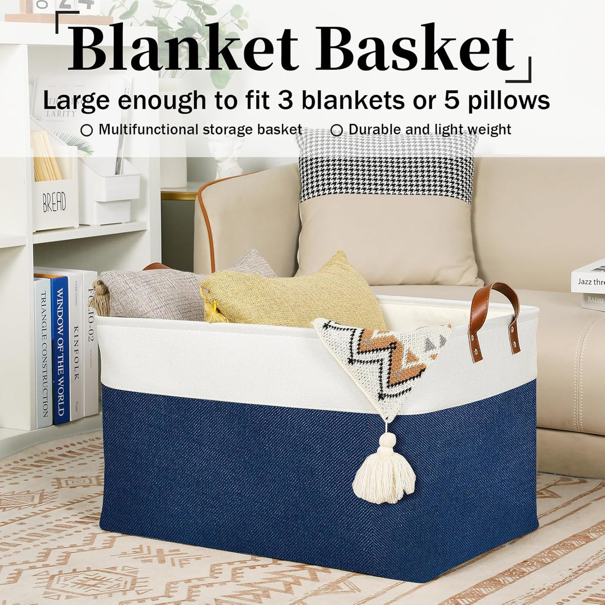 DULLEMELO 2-Pack Extra Large Blanket Basket Fabric Storage Baskets with Handles, Canvas Storage