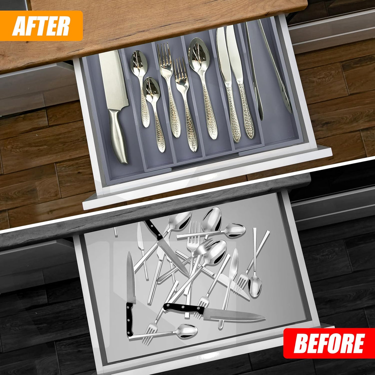 Kitchen Silverware Drawer Organizer and Storage Bamboo Wood Cooking Utensil Holder Cutlery Knife