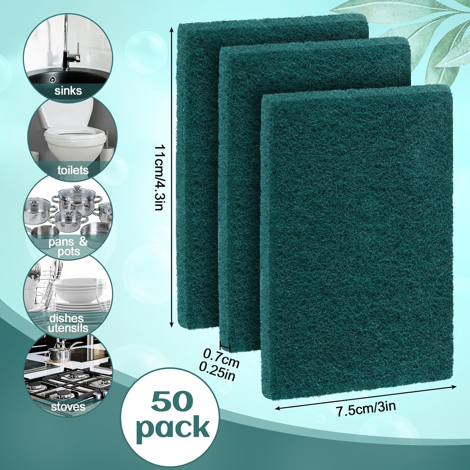 Hoolerry 50 Pcs Heavy Duty Scouring Pads Non Scratch Household Scrub Pads for Cleaning Reusable Pan