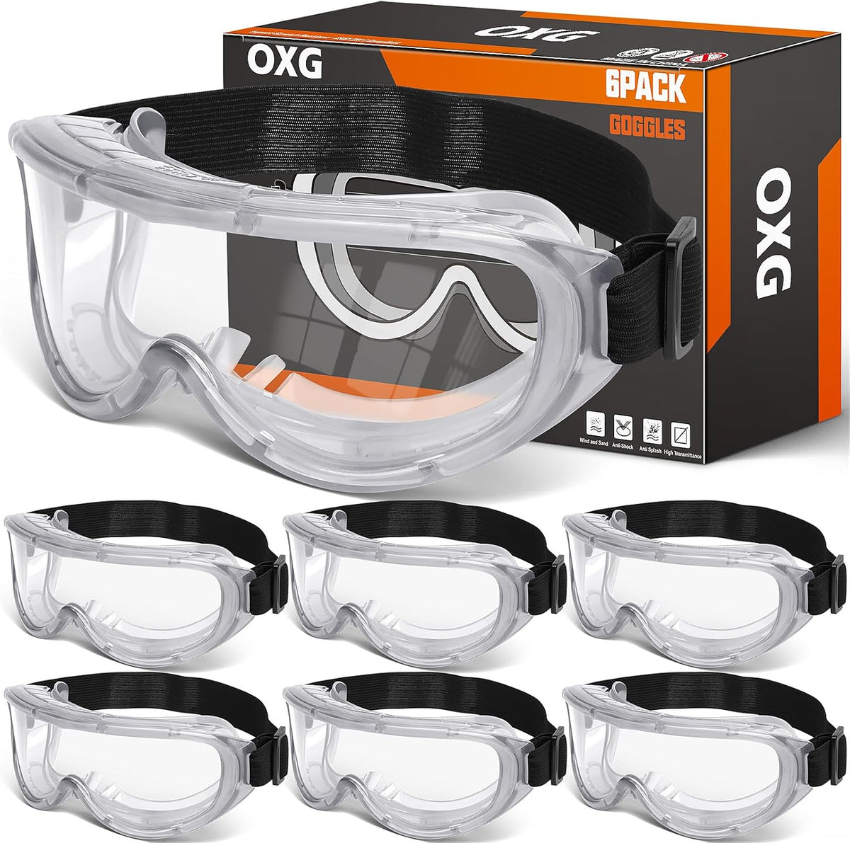 OXG 6 Pack Protective Safety Goggles Anti-Fog, Adjustable Chemical Splash Eye Protection Science