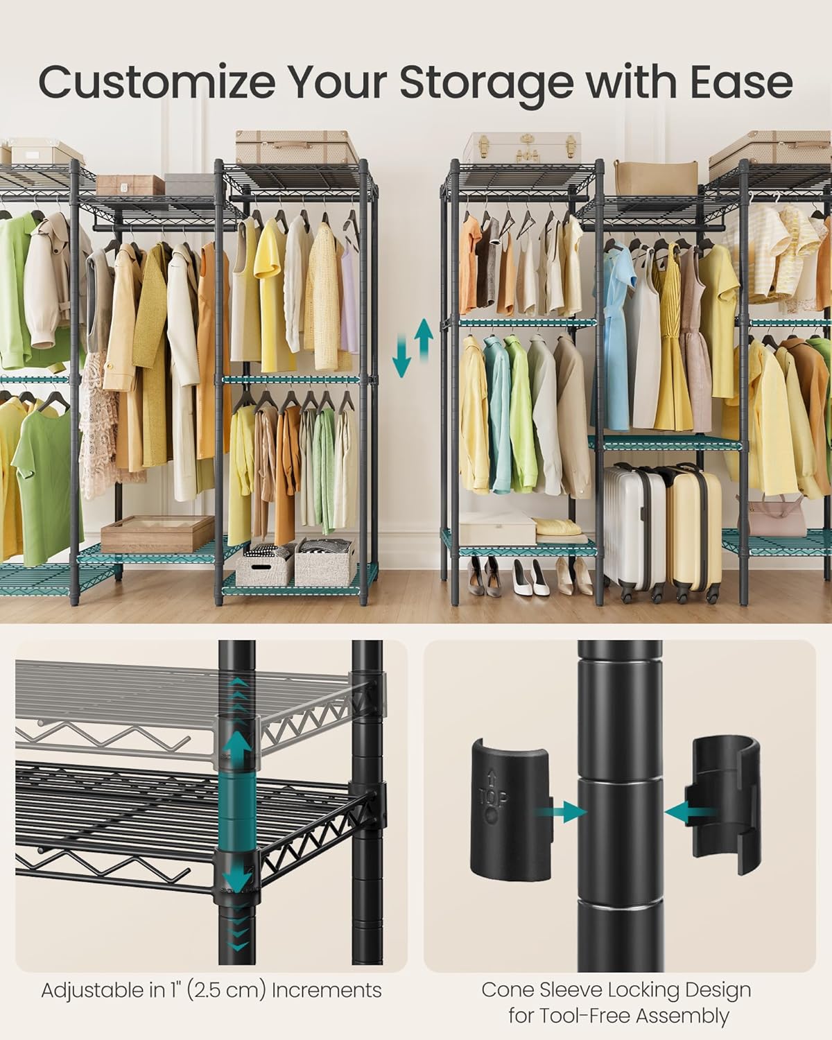 SONGMICS Heavy-Duty Clothes Rack, Garment Rack, Portable Closet, 56.9-Inch Wide Clothing Rack, with