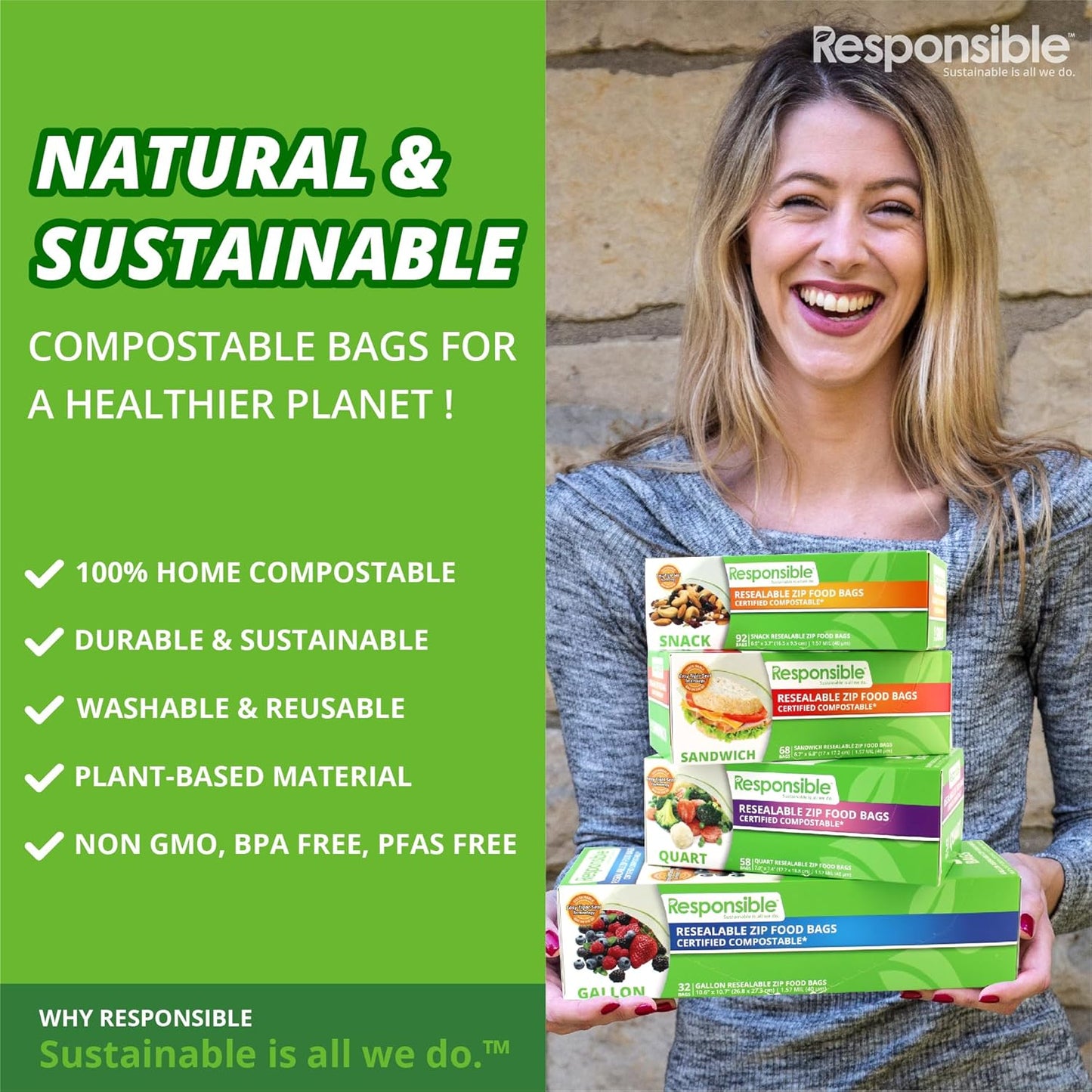 Responsible Products Certified Compostable QUART Resealable Zip Bag, Extra Strength Food Bags